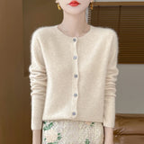 DERMEARNE 100% Merino Wool Long Sleeve Sweaters Cashmere Cardigan Spring Autumn Women O-Neck Knitwear Tops Clothing Fashion Basic Tops