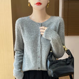 DERMEARNE 100% Merino Wool Long Sleeve Sweaters Cashmere Cardigan Spring Autumn Women O-Neck Knitwear Tops Clothing Fashion Basic Tops