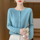 DERMEARNE 100% Merino Wool Long Sleeve Sweaters Cashmere Cardigan Spring Autumn Women O-Neck Knitwear Tops Clothing Fashion Basic Tops