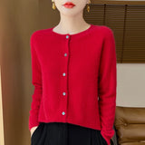 DERMEARNE 100% Merino Wool Long Sleeve Sweaters Cashmere Cardigan Spring Autumn Women O-Neck Knitwear Tops Clothing Fashion Basic Tops