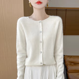 DERMEARNE 100% Merino Wool Long Sleeve Sweaters Cashmere Cardigan Spring Autumn Women O-Neck Knitwear Tops Clothing Fashion Basic Tops