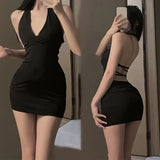 DERMEARNE 1Pc Erotic Dress Sexy Women Uniform V Neck Slim Backless Seductive One-piece Dress Nightclub Party Mini Dresses