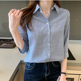 DERMEARNE 2025 Autumn and Winter New Korean Version Commuter Women's Clothing Splice Button 3/4 Sleeve POLO Collar Versatile Striped Shirt