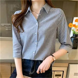 DERMEARNE 2025 Autumn and Winter New Korean Version Commuter Women's Clothing Splice Button 3/4 Sleeve POLO Collar Versatile Striped Shirt