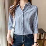 DERMEARNE 2025 Autumn and Winter New Korean Version Commuter Women's Clothing Splice Button 3/4 Sleeve POLO Collar Versatile Striped Shirt