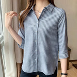 DERMEARNE 2025 Autumn and Winter New Korean Version Commuter Women's Clothing Splice Button 3/4 Sleeve POLO Collar Versatile Striped Shirt