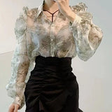 DERMEARNE 2025 Blusas Mujer De Moda Floral Sweet Blouses for Women Loose Puff Sleeve Turn Down Collar Shirts Summer Vintage Elegant Tops