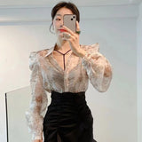 DERMEARNE 2025 Blusas Mujer De Moda Floral Sweet Blouses for Women Loose Puff Sleeve Turn Down Collar Shirts Summer Vintage Elegant Tops