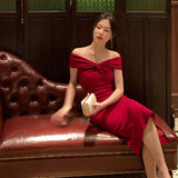 DERMEARNE 2025 French Elegant Women Wedding Party Dress Fashion Vintage Slash Neck Sheath Robe Female Sundress Retro Evening Dress Vestido