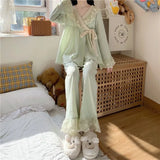 DERMEARNE 2025 New V-neck Tied Pajama Set for Women Spring Autumn Tops Long Sleeved Pants Lace Lace Pajamas