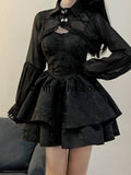 DERMEARNE 2025 Summer Black Gothic Lolita Short Party Suits Women Long Sleeve Coat + Pure Color Mini Dress Fashion High Waist Outfits Chic