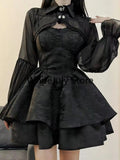DERMEARNE 2024 Summer Black Gothic Lolita Short Party Suits Women Long Sleeve Coat + Pure Color Mini Dress Fashion High Waist Outfits Chic