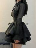 DERMEARNE 2024 Summer Black Gothic Lolita Short Party Suits Women Long Sleeve Coat + Pure Color Mini Dress Fashion High Waist Outfits Chic
