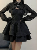DERMEARNE 2025 Summer Black Gothic Lolita Short Party Suits Women Long Sleeve Coat + Pure Color Mini Dress Fashion High Waist Outfits Chic