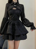 DERMEARNE 2024 Summer Black Gothic Lolita Short Party Suits Women Long Sleeve Coat + Pure Color Mini Dress Fashion High Waist Outfits Chic
