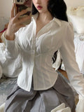 DERMEARNE 2025 Summer Slim Tunics Shirt Harajuku Preppy Women Sexy White Blouses Elegant Female Japanese Style Casual Korean Fashion