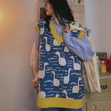 DERMEARNE 2024 Winter Women Sweater Vest Chic Cartoon Duck Embroidery Jacquard Knitted Sleeveless V-neck Sweet Sweaters Girl Pullovers Top