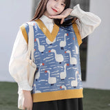 DERMEARNE 2024 Winter Women Sweater Vest Chic Cartoon Duck Embroidery Jacquard Knitted Sleeveless V-neck Sweet Sweaters Girl Pullovers Top