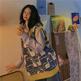 DERMEARNE 2024 Winter Women Sweater Vest Chic Cartoon Duck Embroidery Jacquard Knitted Sleeveless V-neck Sweet Sweaters Girl Pullovers Top