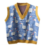 DERMEARNE 2024 Winter Women Sweater Vest Chic Cartoon Duck Embroidery Jacquard Knitted Sleeveless V-neck Sweet Sweaters Girl Pullovers Top