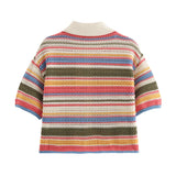 DERMEARNE 2025 Autumn European And American New Women's Fashion Casual Stripe Printed Short Sleeve Flip Collar Cardigan Casual Shorts Set