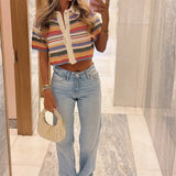 DERMEARNE 2025 Autumn European And American New Women's Fashion Casual Stripe Printed Short Sleeve Flip Collar Cardigan Casual Shorts Set