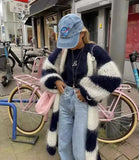 DERMEARNE 2025 Autumn Striped Women Sweater Long Cardigan Keep Warm Loose Sweaters Female New Winter Elegant Casual Trendy Ladies Clothes