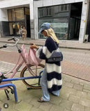 DERMEARNE 2025 Autumn Striped Women Sweater Long Cardigan Keep Warm Loose Sweaters Female New Winter Elegant Casual Trendy Ladies Clothes