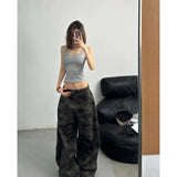 DERMEARNE 2025 Autumn Womens Jeans High Waist Baggy Casual Vintage Y2K Camouflage Straight Pants Street American Wide Leg Denim Trouser
