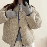 DERMEARNE 2025 Autumn and Winter New Retro Stand Collar Blue Floral Corduroy Loose Versatile Slim Cotton Jacket for Women y2k clothing