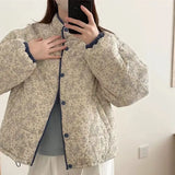 DERMEARNE 2025 Autumn and Winter New Retro Stand Collar Blue Floral Corduroy Loose Versatile Slim Cotton Jacket for Women y2k clothing