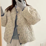 DERMEARNE 2025 Autumn and Winter New Retro Stand Collar Blue Floral Corduroy Loose Versatile Slim Cotton Jacket for Women y2k clothing