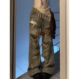 DERMEARNE 2025 Blue High Waist Women Jeans Feeling Vintage Straight Casual Baggy Streetwear Y2K Ripped Wide Leg Female Trouser Denim Pants