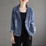 DERMEARNE 2024 Jeans Blazer Coat Women Spring Autumn New Retro Denim Jacket Female Loose Casual Coats Ladies Denim Tops