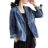 DERMEARNE 2024 Jeans Blazer Coat Women Spring Autumn New Retro Denim Jacket Female Loose Casual Coats Ladies Denim Tops