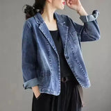 DERMEARNE 2024 Jeans Blazer Coat Women Spring Autumn New Retro Denim Jacket Female Loose Casual Coats Ladies Denim Tops