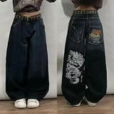 DERMEARNE 2025 New American Fashion Retro Hip hop Embroidery Pattern Baggy Jeans For Mens Womens Y2K Harajuku Gothic Wide Pants Streetwear