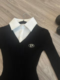 DERMEARNE 2025 New Fashion Women's Fake Two Piece Shirt Spliced Knitted Dress Sweet Spicy Girl Contrast Color Slim Fit Waist Mini Dress