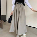 DERMEARNE 2025 New Korean Skirt Women Solid Color Versatile Mid-length Pleated Skirt Large Swing Type Skirt Female Long Skirts for Women