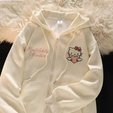 DERMEARNE 2024 New Sanrio Hello Kitty Jacket 2000s Zip Hoodie White Sweatshirt Young Women Fall Winter Kawaii Lolita Jacket Student Tops