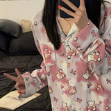 DERMEARNE 2025 New Sweet Spring Women Home Suits Female Lace Trim Cute Pajamas Sets Girls Cartoon Long Sleeves Trousers Simple Nightwear