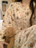 DERMEARNE 2025 New Sweet Spring Women Home Suits Female Lace Trim Cute Pajamas Sets Girls Cartoon Long Sleeves Trousers Simple Nightwear
