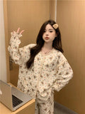 DERMEARNE 2025 New Sweet Spring Women Home Suits Female Lace Trim Cute Pajamas Sets Girls Cartoon Long Sleeves Trousers Simple Nightwear