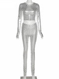 DERMEARNE 2025 New Women Sexy Hollow Out Hole Streetwear Tracksuit Simple Slim Stretch Silver Tracksuit Two Piece Set Female