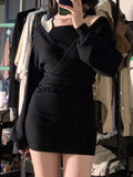DERMEARNE 2025 Spring Casual Knitted Dress Women Long Sleeve Y2k Clothing Bodycon Black Mini Dress Office Lady Party One Piece Dress Korea