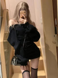 DERMEARNE 2025 Spring Casual Knitted Dress Women Long Sleeve Y2k Clothing Bodycon Black Mini Dress Office Lady Party One Piece Dress Korea