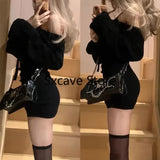 DERMEARNE 2025 Spring Casual Knitted Dress Women Long Sleeve Y2k Clothing Bodycon Black Mini Dress Office Lady Party One Piece Dress Korea