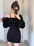 DERMEARNE 2025 Spring Casual Knitted Dress Women Long Sleeve Y2k Clothing Bodycon Black Mini Dress Office Lady Party One Piece Dress Korea