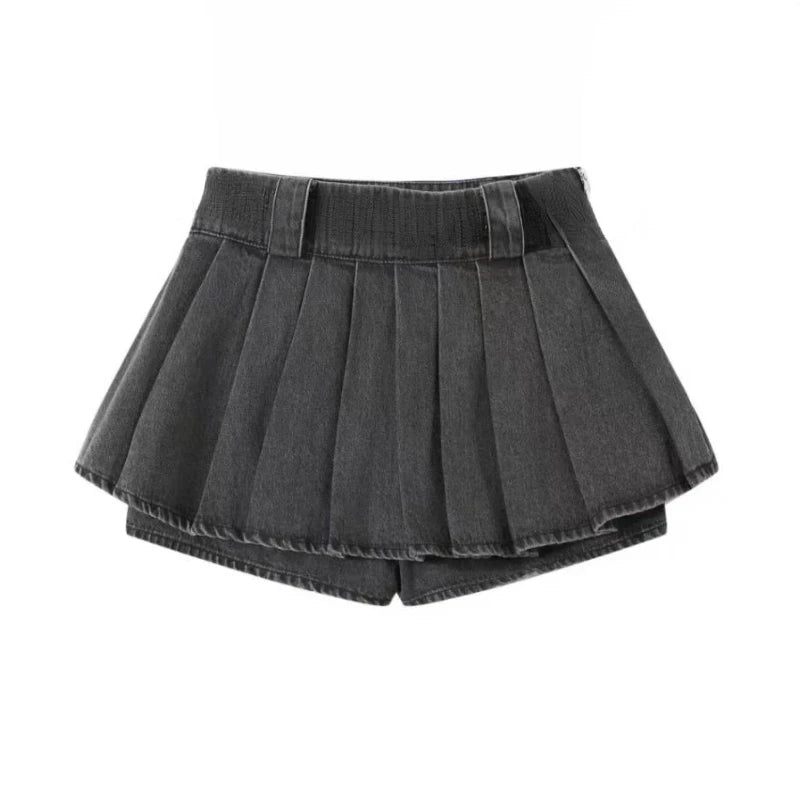 DERMEARNE 2025 Summer Korean Fashion 2 Piece Set Woman Casual Knitted Sweater + Vintage Denim Shorts Skirt Party Elegant Clothing Outfits