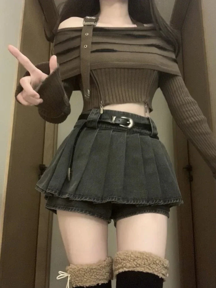 DERMEARNE 2025 Summer Korean Fashion 2 Piece Set Woman Casual Knitted Sweater + Vintage Denim Shorts Skirt Party Elegant Clothing Outfits